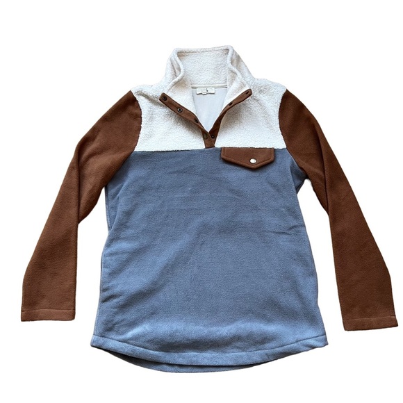 Entro Pullover Colorblock Fleece Tan Grey Cream Sherpa Snap Neck Cozy Size Small - Picture 1 of 7